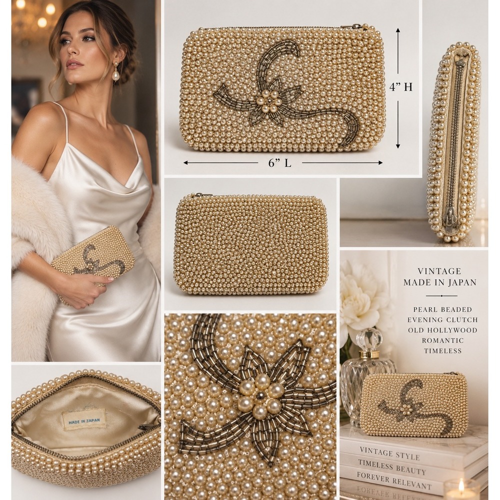 Vintage 1950s Japan Pearl Beaded Clutch Floral Evening Bag Bridal Old Hollywood